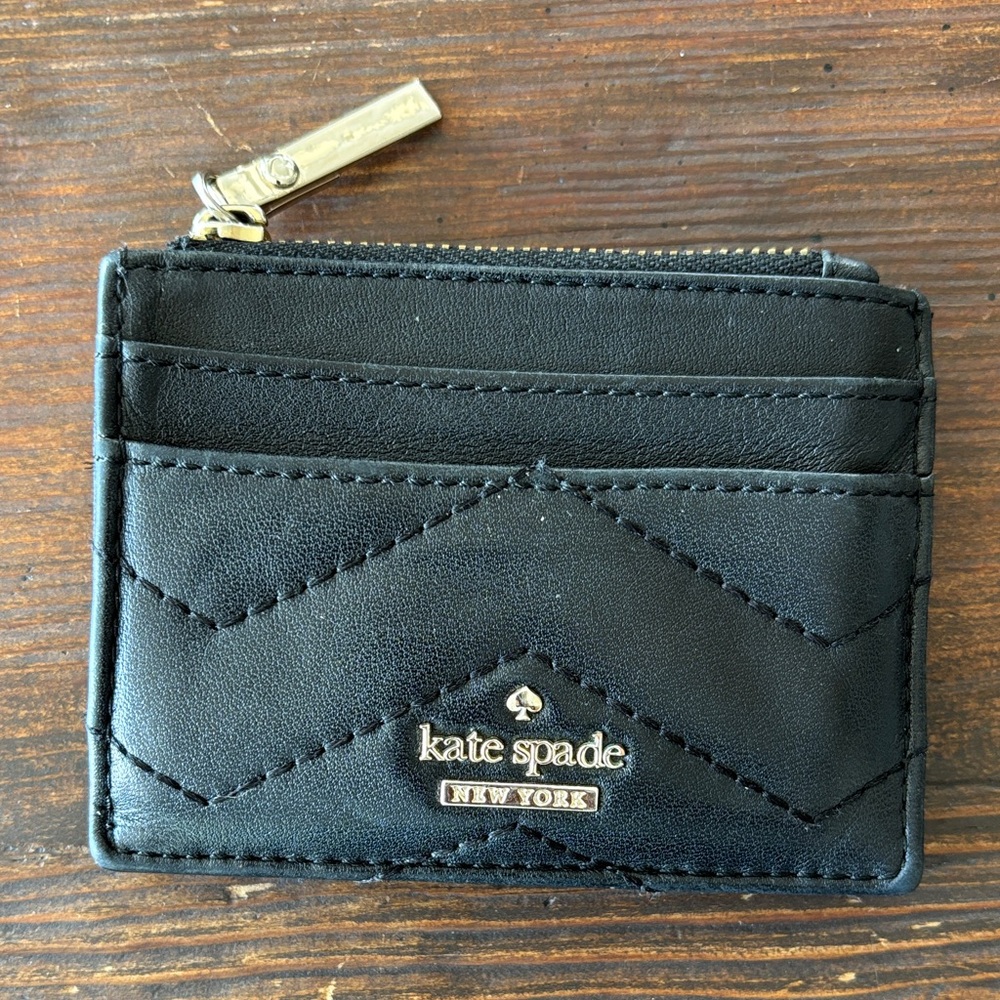 Kate Spade Black Quilted Card Holder with Gold Zipper